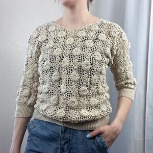 Vintage Y2K Hand Crochet Sweater S/M 3D Floral Cotton Fairy Cottage Coastal